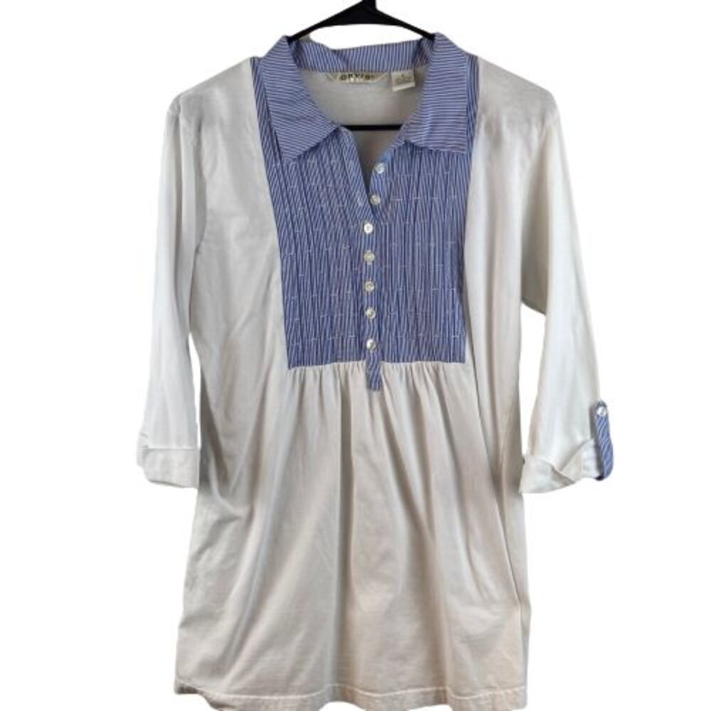 Orvis Womens Small Button Down 3/4 Sleeve Tunic Blouse Shirt Pleated